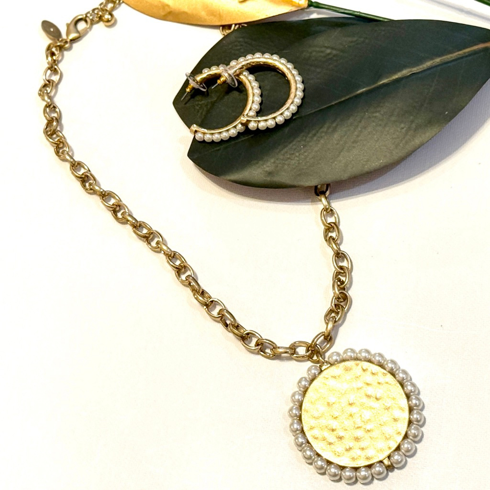 CHICO’S Gold Pearl-lined Medallion Necklace + Earrings Set | NWOT
